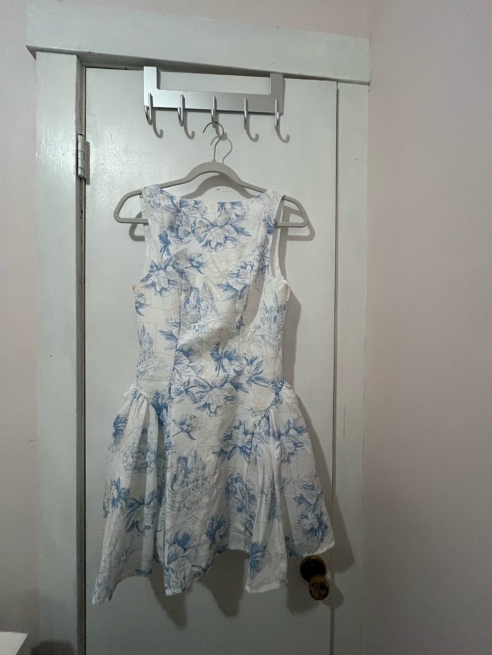 White Sleeveless Floral Fit-and-Flare Dress with Blue Print